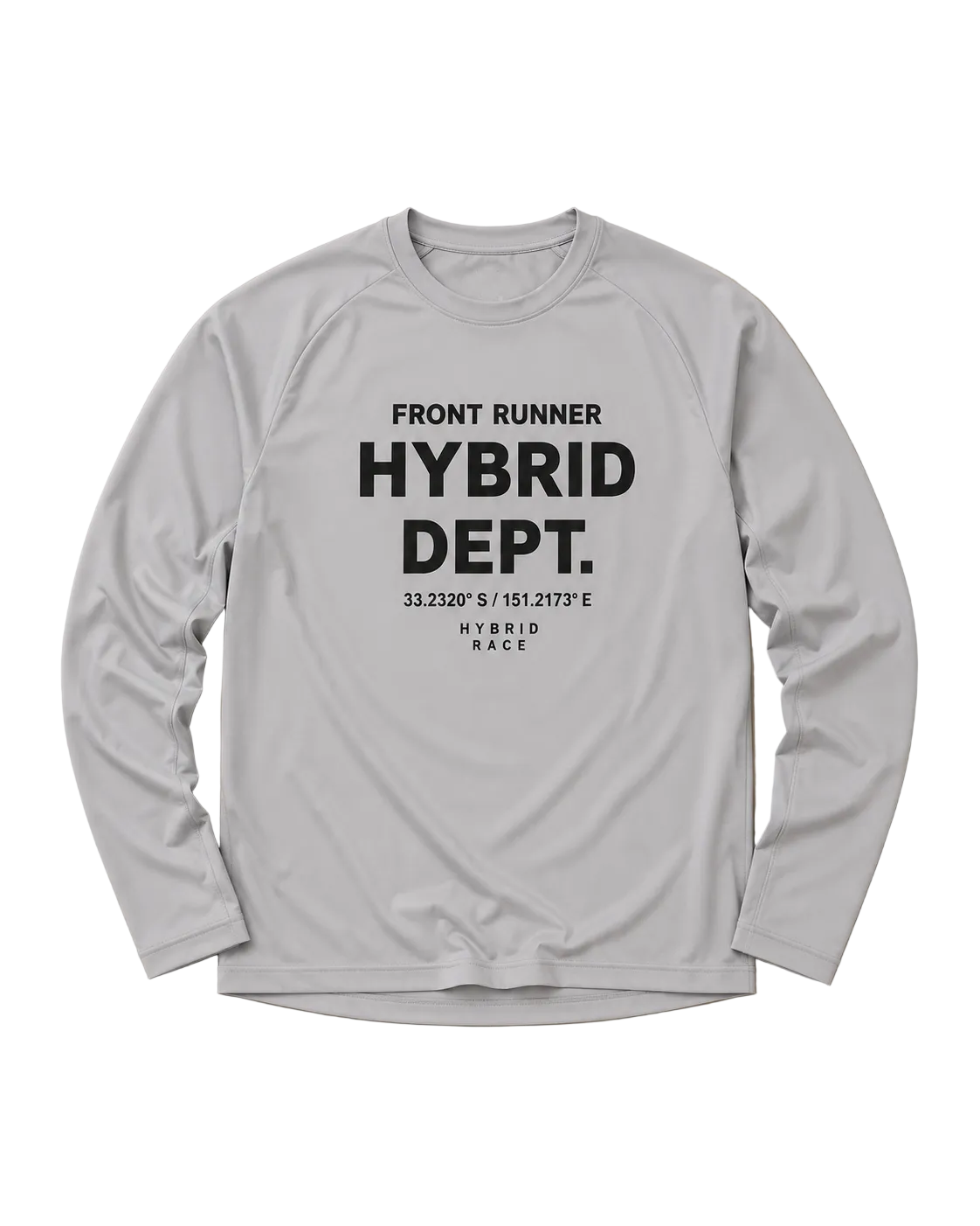 Gray long-sleeve shirt with 'Front Runner Hybrid Dept.' text on a beige background