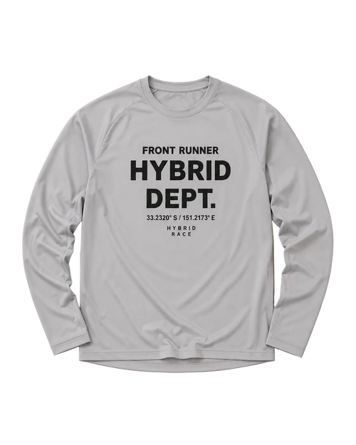 Gray long-sleeve shirt with 'Front Runner Hybrid Dept.' text on a beige background